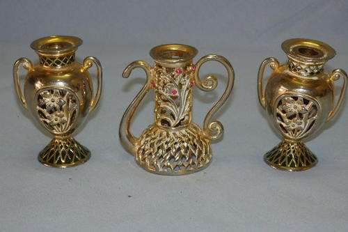 THREE  BEAUTIFUL GOLD PLATED DOLLS HOUSE VASES WITH ENAMELLING & DIAMANTE STONES bid/item