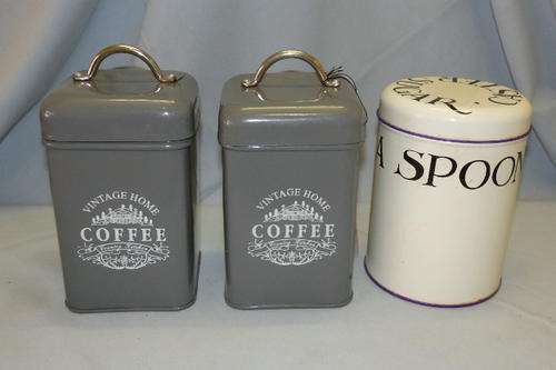 THREE AWESOME (USABLE) KITCHEN TINS/ CANISTERS INCLUDING TWO COFFEE JARS bid/tin