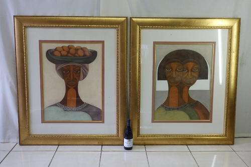 TWO MAGNIFICENT (HUGE) FRAMED ORIGINAL SIGNED SOLLY MALOPE DUAL MEDIA PASTEL DRAWINGS bid/drawing