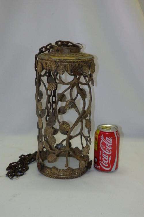 A VERY UNUSUAL MEDIEVAL STYLE VINTAGE/ ANTIQUE? METAL SHADE ON THREE CHAINS
