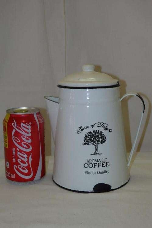 A WONDERFUL "SENSE OF DELIGHT AROMATIC COFFEE" WHITE ENAMELWARE LOOK COFFEE KETTLE/ COFFEE POT