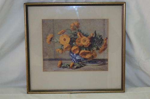 A BEAUTIFUL FRAMED (BEHIND GLASS) PRINT OF A VASE OF GORGEOUS ORANGE POPPY FLOWERS