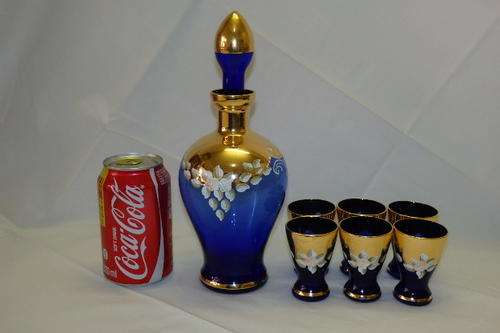 A SPECTACULAR VINTAGE COBALT BLUE HAND PAINTED BOHEMIAN GLASS DECANTER SET IN SUPERB CONDITION