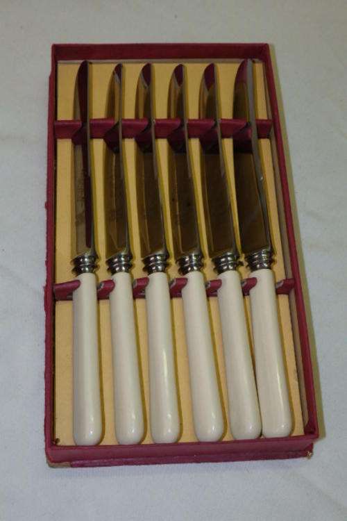 AN EXQUISITE SET OF SIX VINTAGE BONE HANDLE STYLE STARTER KNIVES WITH STAINLESS STEEL BLADES