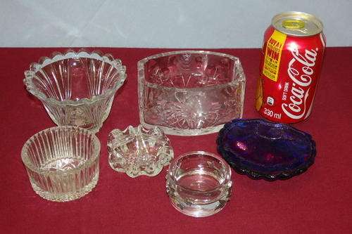 A FANTASTIC MIXED COLLECTION OF SIX SNACK BOWLS AND DISHES INCLUDING A ROSE CUT CRYSTAL BOWL
