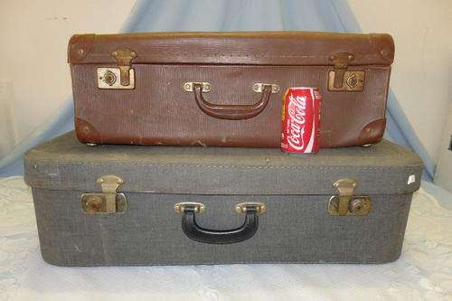 TWO AWESOME VINTAGE SUITCASES INCLUDING A "HIPPO COMET" DENIM CLAD SUITCASE bid/case