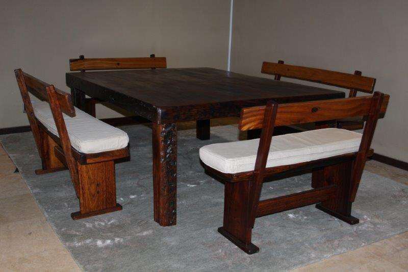 A MAGNIFICENT HUGE 10 SEATER SOLID TEAK (SLEEPER WOOD) PATIO TABLE w 4 BACK-REST BENCHES w CUSHIONS!