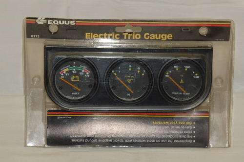 AN EQUUS ELECTRIC TRIO GAUGES (WATER GAUGE, OIL PRESSURE GAUGE & VOLTMETER) IN ITS SEALED PACKAGING