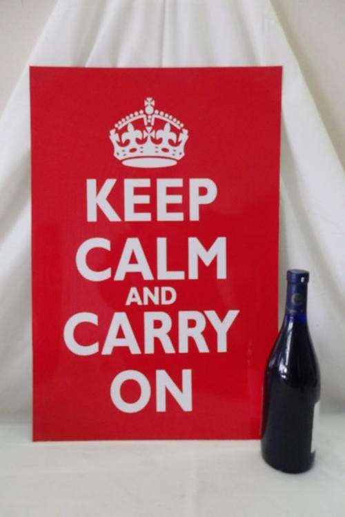 A "LARGE" RED AND WHITE "KEEP CALM - AND CARRY ON" NOVELTY SIGN - IDEAL FOR A BAR OR MAN CAVE