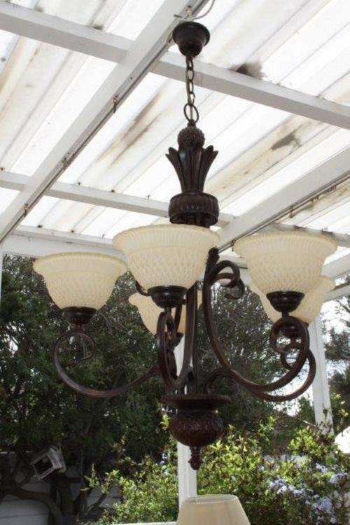 AN EXQUISITE 5-ARM CHANDELIER WITH MAGNIFICENT GLASS SHADES IN PRISTINE CONDITION!!! WOW!!!
