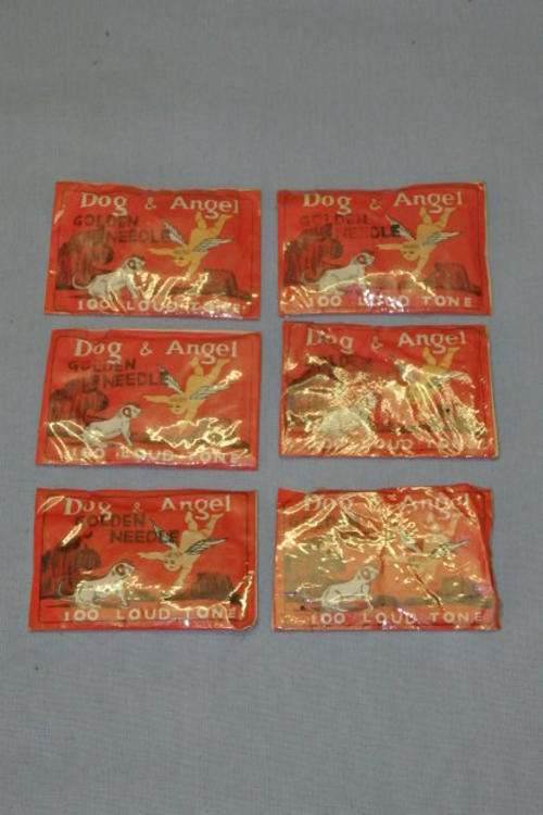 A FANTASTIC COLLECTION OF SIX PACKETS OF VINTAGE DOG & ANGEL GRAMOPHONE NEEDLES bid/box