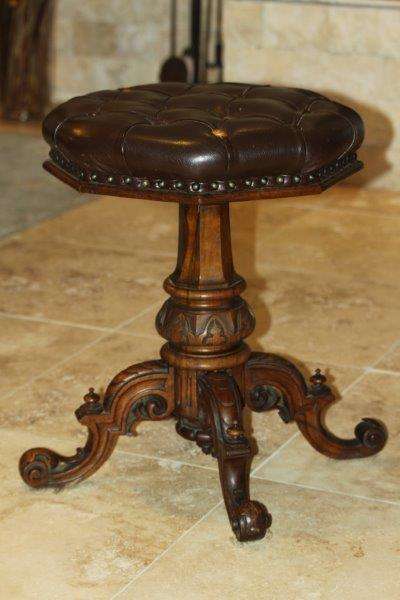 A MAGNIFICENT circa 1800's SOLID WALNUT VICTORIAN PIANO STOOL WITH CHESTERFIELD LEATHER SEAT! WOW!!!