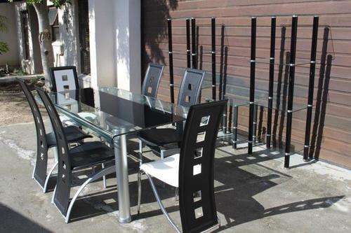 MAGNIFICENT DESIGNER DINING ROOM SUITE incl 6 LEATHER CHAIRS, CURVED GLASS TABLE & 3 DISPLAY STANDS!