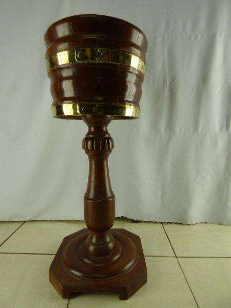 A STUNNING HAND CARVED HEAVY TEAK PLANTER STAND WITH GORGEOUS BRASS TRIMMING. ABSOLUTELY BEAUTIFUL!