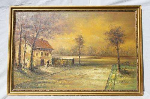 A STUNNING ORIGINAL SIGNED W. WOODS OIL ON CANVAS LANDSCAPE PAINTING IN GREAT CONDITION FOR THE AGE!