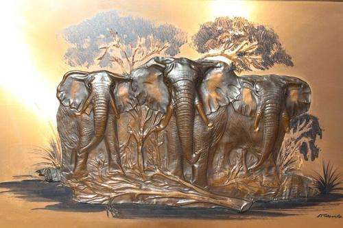 GORGEOUS ORIGINAL DENNIS THOMSON COPPER EMBOSSED PIC OF 3 ELEPHANTS IN THE CAPRIVI STRIP! STUNNING!!