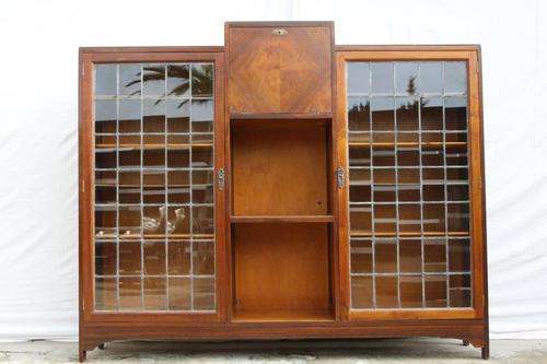 AN EXQUISITE ANTIQUE DROP DOWN BOOKCASE DISPLAY CABINET w MAGNIFICENT LEAD GLASS DOORS; STUNNING!!!