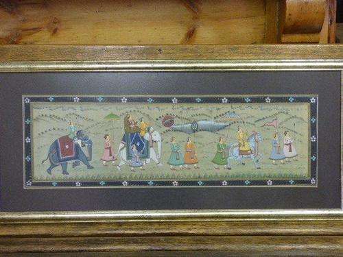 A STUNNING FRAMED INDIAN SILK PAINTING DEPICTING AN INDIAN TRAVELLING CARAVAN. ABSOLUTELY EXQUISITE!
