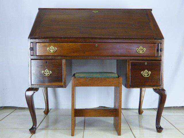 AN EXCEPTIONAL, ANTIQUE QUEEN ANNE SOLID TEAK WRITING BUREAU WITH A GORGEOUS STOOL. FABULOUS!!