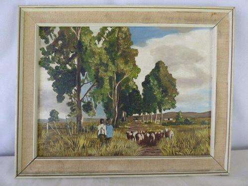 AN ORIGINAL 1954 OIL PAINTING BY PA KOTZE OF A FARM SCENE, IN A LOVELY FRAME.