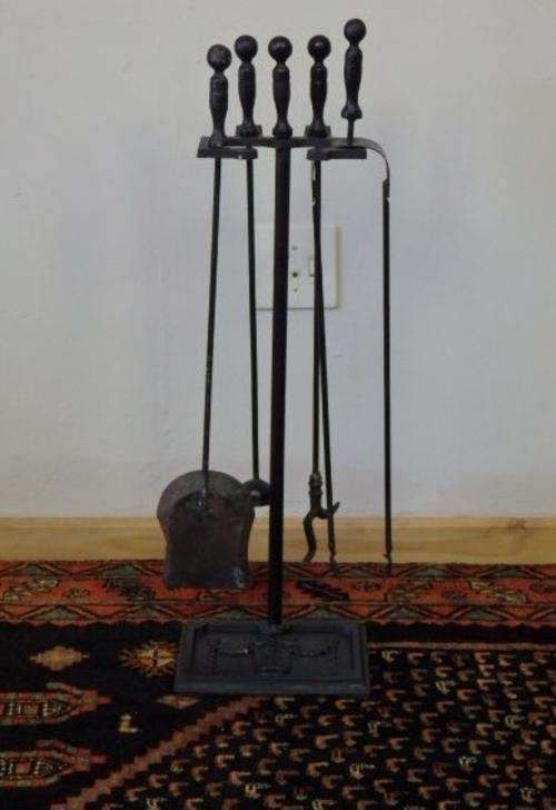 A FANTASTIC VINTAGE "BLACK" CAST IRON FIRE POKER SET IN A VERY STURDY STAND - AWESOME!!!!