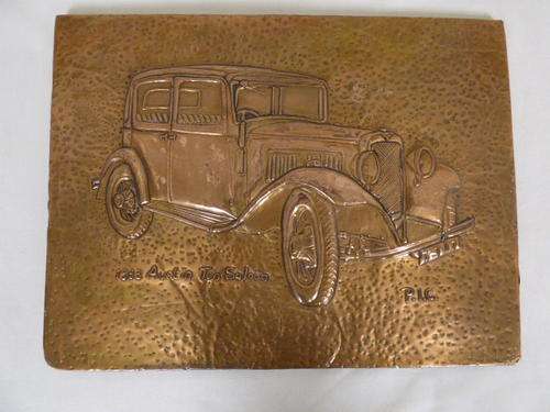 A FANTASTIC "HAND WORKED" COPPER PLAQUE OF A 1933 AUSTIN TEN SALOON CAR. LOVELY!!
