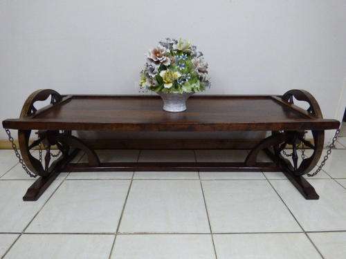 A GORGEOUS CENTRE COFFEE TABLE WITH BEAUTIFUL WAGON WHEEL SIDES w COPPER TRIMMINGS!!! GORGEOUS!!!