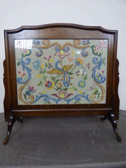 A SPECTACULAR ANTIQUE WOODEN FIREPLACE SCREEN WITH BEAUTIFUL "TAPESTRY" WORK BEHIND GLASS!!