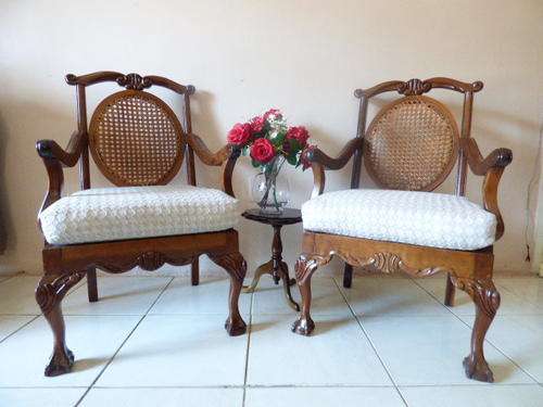 TWO GORGEOUS SOLID IMBUIA BOW BACKED BALL & CLAW ARM CHAIRS w RATTAN BACKS. bid/chair