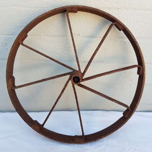 An amazing set of antique 8-spoke steel wagon/ carriage/ cart wheels (1 bid for all 3 wheels)