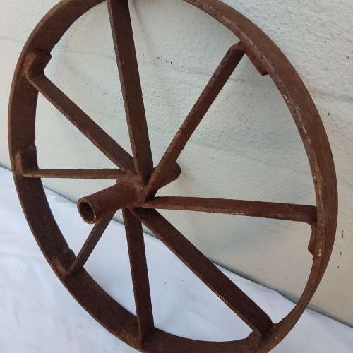An amazing set of antique 8-spoke steel wagon/ carriage/ cart wheels (1 bid for all 3 wheels)