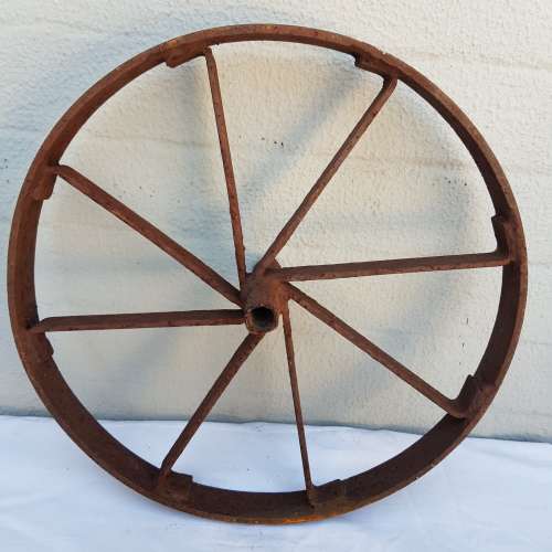An amazing set of antique 8-spoke steel wagon/ carriage/ cart wheels (1 bid for all 3 wheels)