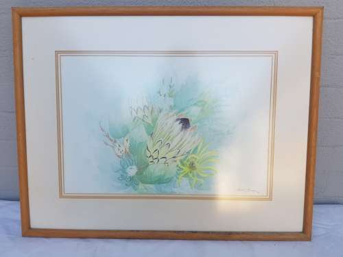 A beautiful Cilliers Burger Protea painting framed behind glass