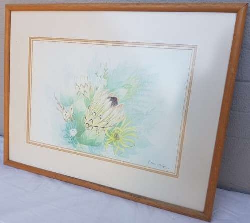 A beautiful Cilliers Burger Protea painting framed behind glass