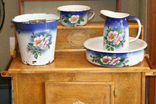 WOW! WOW! WOW! A FULL ENAMEL WASH SET - BASIN, JUG, BUCKET AND POTTY!!!