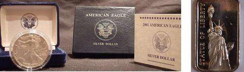 SILVER! - AMERICAN SILVER EAGLE DOLLAR 1 0Z + 1 0Z STAUE OF LIBERTY SILVER SLAB