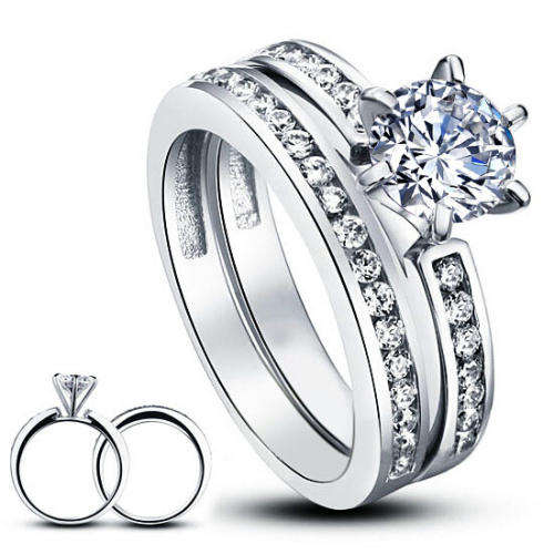 Gorgeous Sparkling  1ct + Sim Diamond Solitaire and Band Ring set - size L