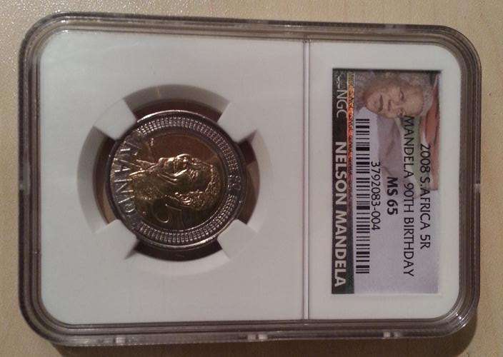2008 MANDELA BIRTHDAY R5 COIN.***MS65 LIMITED MANDELA LABEL*** NGC GRADED.