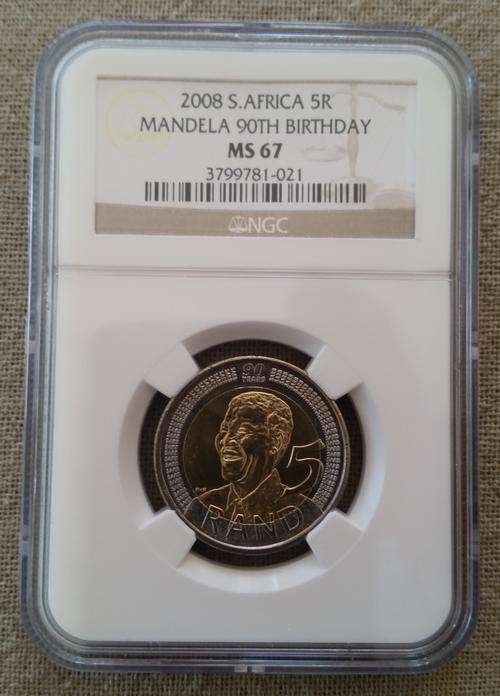 2008 NELSON MANDELA 90th BIRTHDAY R5 COIN.***MS67 NGC GRADED***
