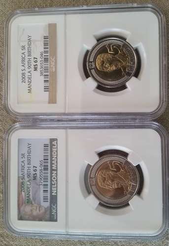 MS67 COMBO - 2008 Nelson Mandela 90th Birthday R5 coin - OLD AND NEW LABEL - NGC Graded Coins!!