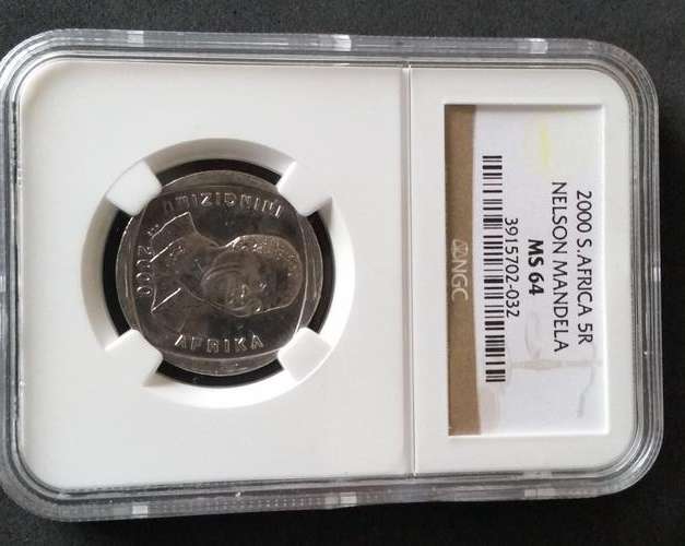 ***MS64*** NELSON MANDELA 2000 SMILEY R5 NGC GRADED COIN.(VERY HIGH GRADE, 3RD FINEST KNOWN)
