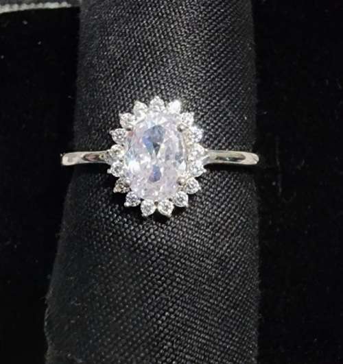 ***DAZZLING OVAL ZIRCONIA CROWN HALO STERLING SILVER RING***