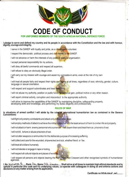 SANDF - Code of Conduct for Uniformed Members - Signed and Laminated