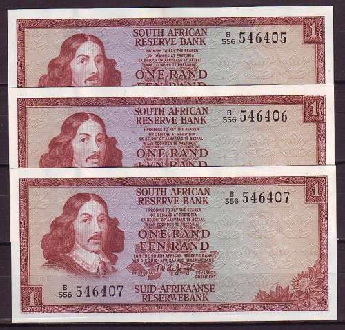 T.W.De Jongh 3rd Issue Serial Run of 3 One Rand Notes