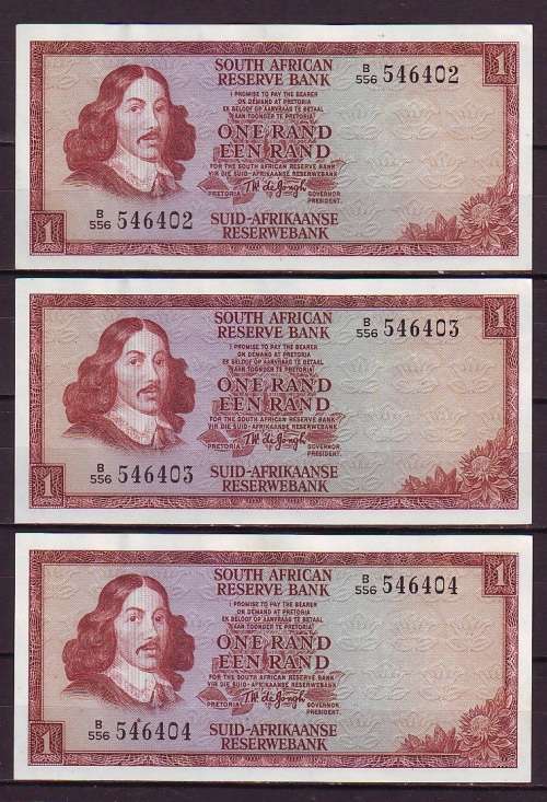 T.W.De Jongh 3rd Issue Serial Run of 3 One Rand Notes