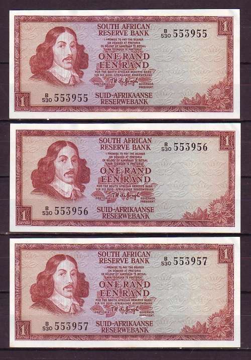 T.W.De Jongh 3rd Issue Serial Run of 3 One Rand Notes