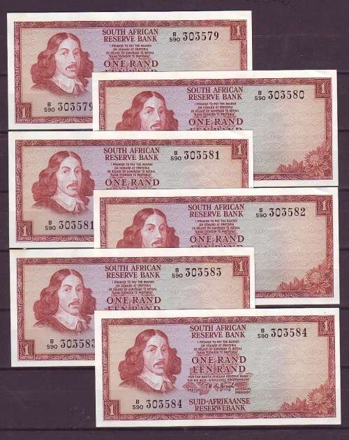 T.W.De Jongh 3rd Issue Serial Run of 6 One Rand Notes