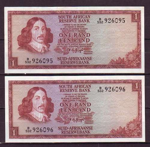 T.W.De Jongh 3rd Issue Serial Pair of One Rand Notes