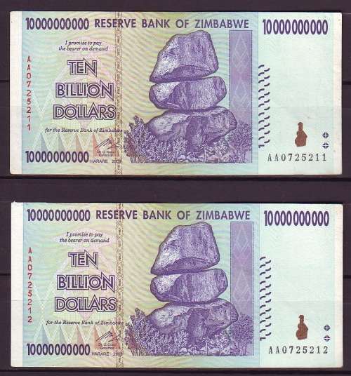 Zimbabwe 10 Billion Dollar Notes - 2 AA Notes in Sequence