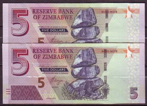 Zimbabwe 5 Dollar Bond Notes - 2 in Sequence
